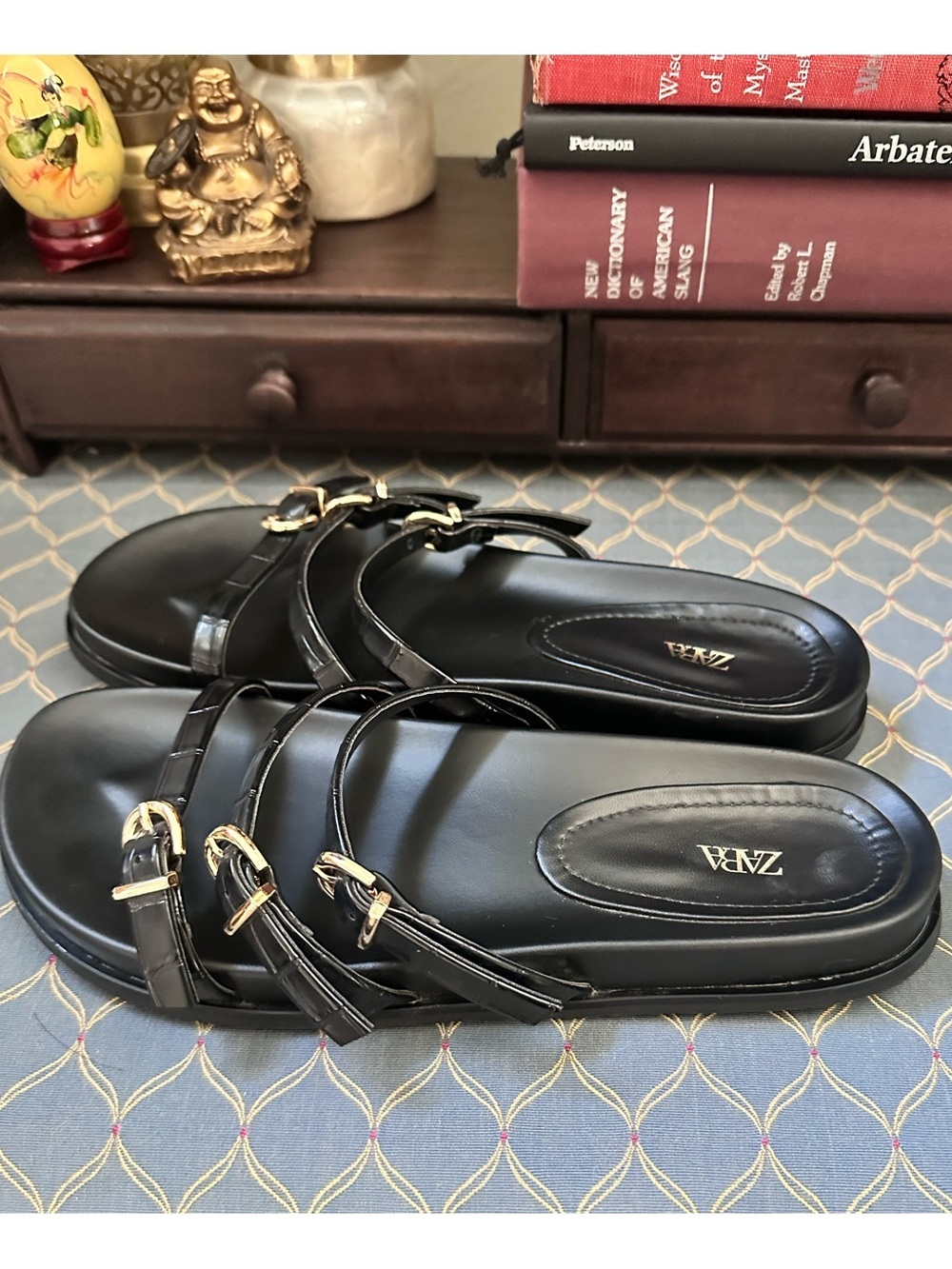 Zara Black Patent Triple-Strap Slides with Gold Buckle Detail - Picture 4 of 6